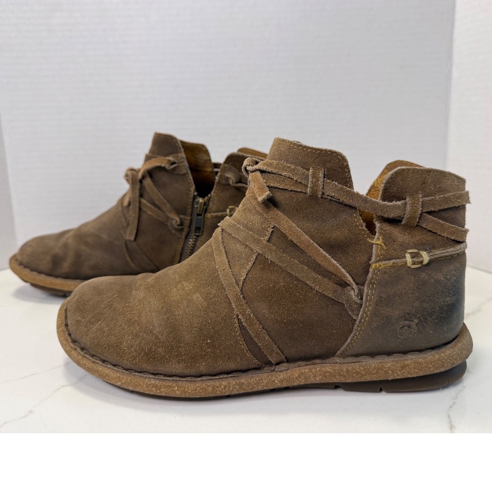 Born Brown Tarkiln Suede Lace Wrap Ankle Boots Side Zip F59122 Womens 7.5 - Picture 2 of 7